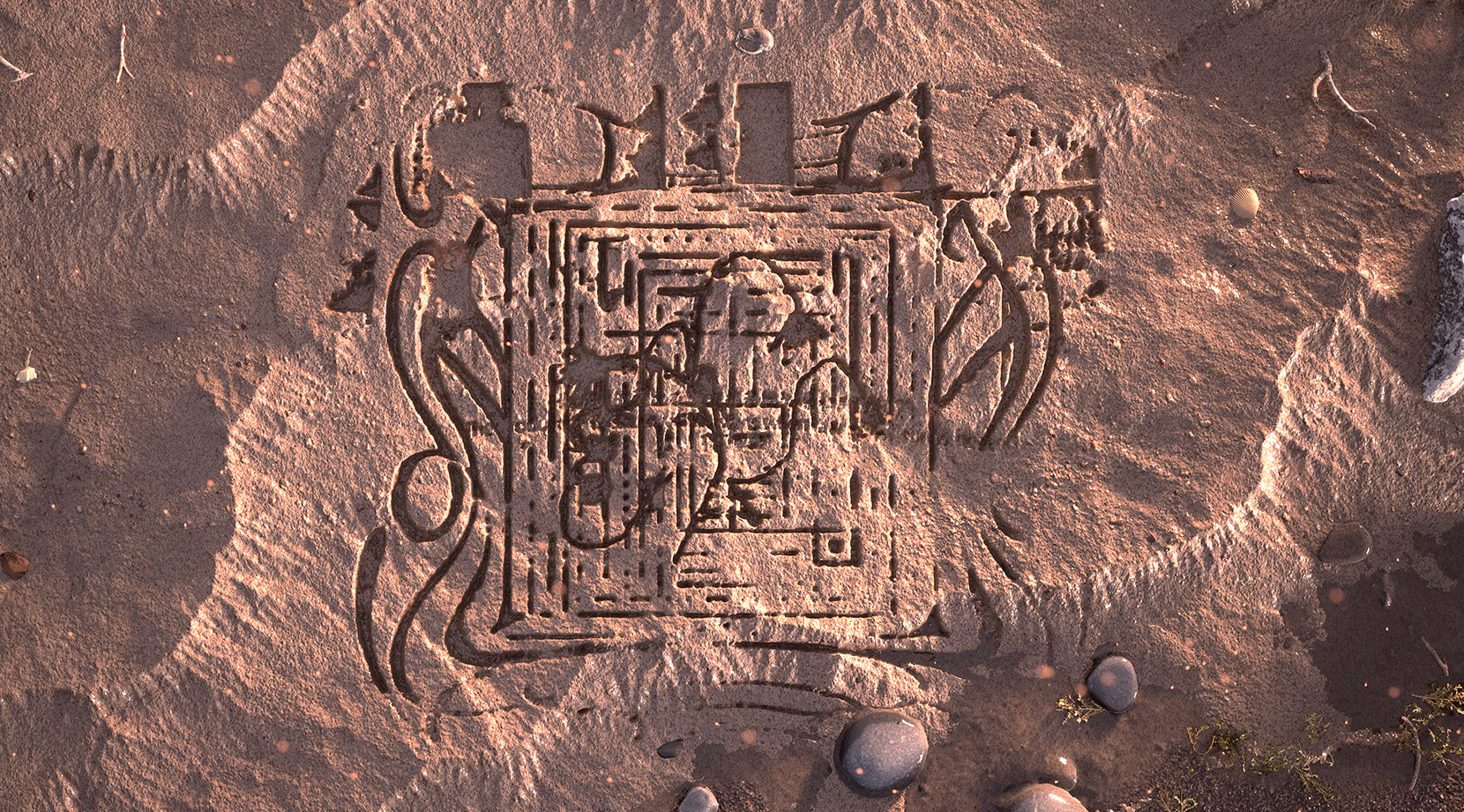 A geometric and abstract pattern is carved into sandy ground, surrounded by scattered stones and small plants.